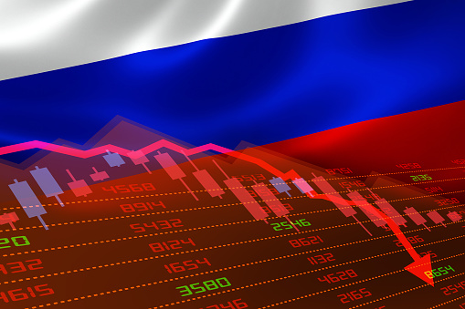 Russia economic downturn with stock exchange market showing stock chart down and in red negative territory. Business and financial money market crisis concept.