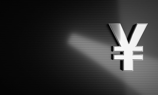 3D render of a silver Japanese Yen sign on a striped black background