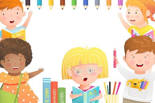 Ilustración de Niños Jugando Estudiando Y Dibujando Cartel Es Decir Diseño  De Dibujos Animados Para Niños Cartel De Jardín De Infantes O Escuela y más  Vectores Libres de Derechos de Biblioteca -