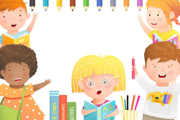 Vector illustration of Kids playing, studying and drawing poster or banner cartoon design for children activities. Kindergarten or school poster.