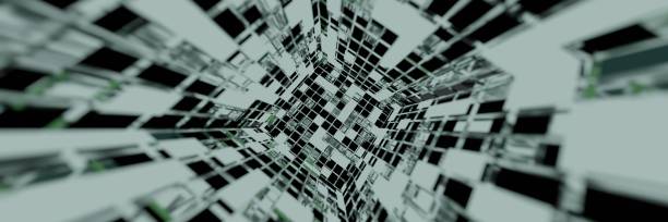 istock Blue Neon light cube Blockchain Network futuristic flying into digital technologic animation panorama 3D rendering 1224832149