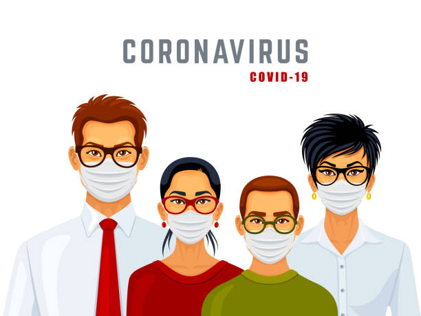 illustrazioni stock, clip art, cartoni animati e icone di tendenza di famiglia che indossa maschere mediche per il viso. prevenzione covid-19. quarantena del coronavirus. - full length child mother white background