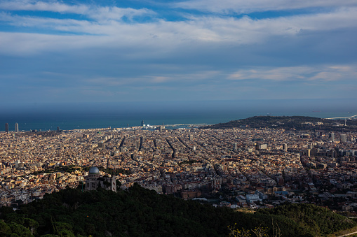 Aerial view of Barcelona city from Tibidabo mountain with copy space