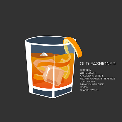 Vector illustration of alcohol Cocktail Old Fashioned: glass with bourbon and ice cubes with orange twists and lemon. Classic long drink on black, club cocktail with orange and lemon garnish