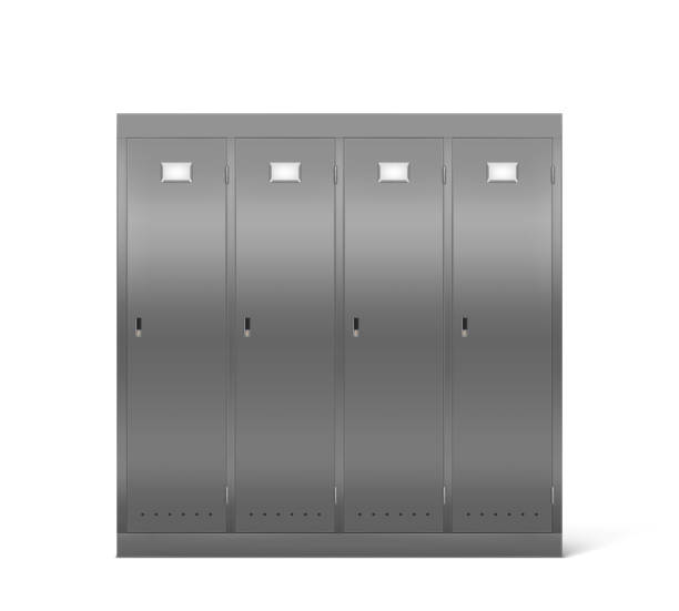 Steel lockers in school corridor or changing room Steel lockers in school corridor or changing room in gym. Vector realistic interior with individual metal cabinets with closed doors in sport or fitness club. Security storage in public room high school sports stock illustrations