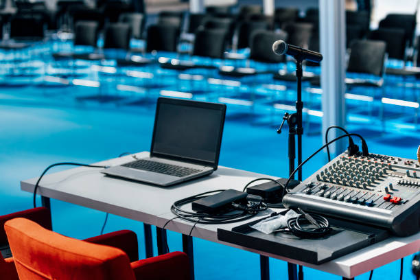 istock Press Conference Event. Laptop Computer And Audio Mixer 1224836871