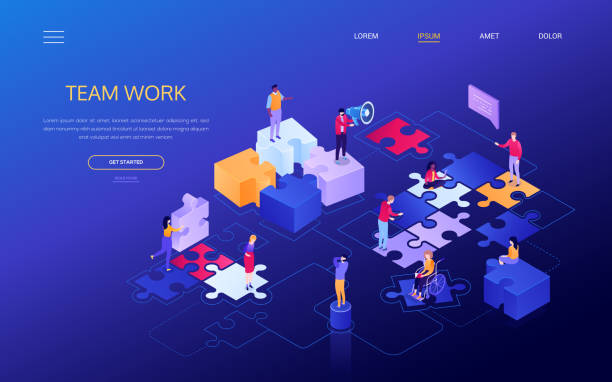 ilustrações de stock, clip art, desenhos animados e ícones de team work - colorful isometric vector web banner - colored background aspirations success achievement