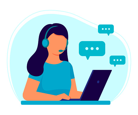 Customer service. Woman operator call center with headphones and microphone with laptop. Support, assistance, call center, hot line, help, response, consultation. Vector illustration