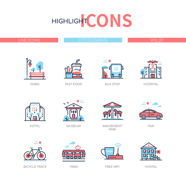 City elements - line design style icons set City elements - line design style icons set. Urban public buildings, tourist information idea. Parks, fast food, bus stop, hospital, hotel, museum, amusement park, taxi, bicycle track, tram, free wifi red white blue bike stock illustrations