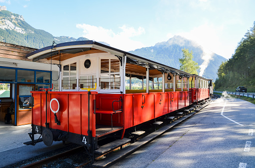 Steam locomotive of Achenseebahn (Achensee Railway) at Seespitz station on Achensee (Lake Achen), Tyrol, Austria