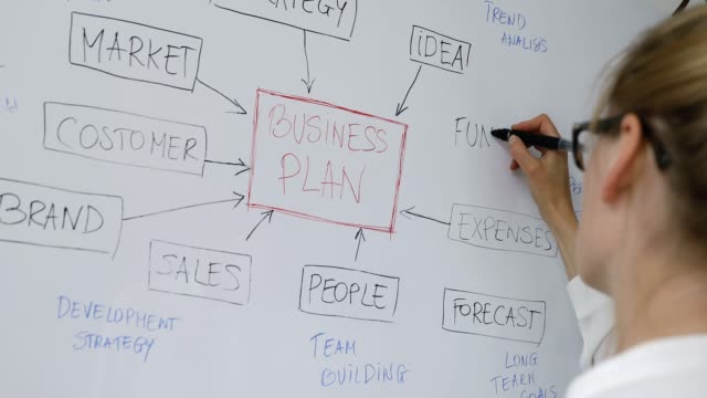 woman drawing business plan block diagram with marker on whiteboard