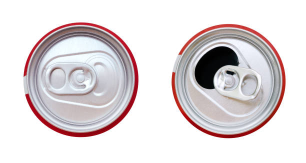 istock Two red aluminum beverage can top view isolated on white background, clipping path included 1224841152