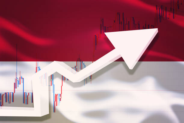 istock Indonesia growth chart. White 3D arrow and stocks chart grows up on the background of waving flag of the country. 1224841354