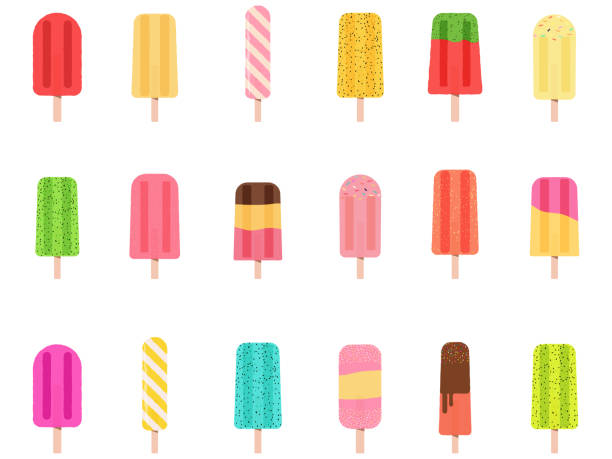 Set of colorful hand drawn ice pops of different flavors like watermelon, strawberry, kiwi, vanilla and chocolate. Vector set of summer fruity lollipops. Set of colorful hand drawn ice pops of different flavors like watermelon, strawberry, kiwi, vanilla and chocolate. Vector set of summer fruity lollipops. flavored ice stock illustrations