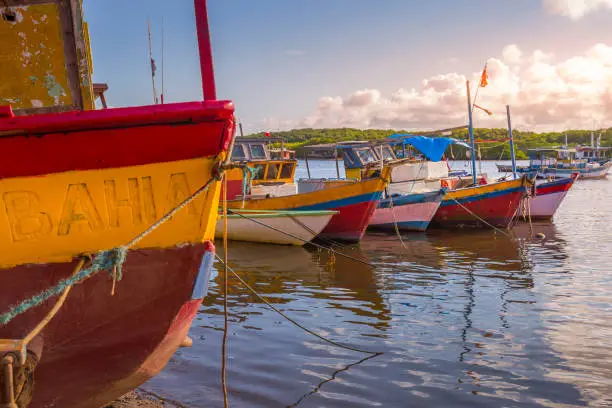 Photo of Brazilian Fishing rustic wooden Boats in Bahia, northeast Brazil - Porto Seguro, Arraial d'Ajuda