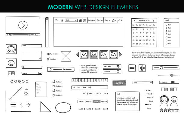 최신 디자인 요소 페이지 템플릿을 설정합니다. 웹 사이트 ui ux 디자인 손으로 그린 와이어 프레임. 사이트에서 사용할 탐색, 단추, 아이콘이 있는 웹 요소입니다. 벡터 그림입니다. - interface icons push button web page internet stock illustrations