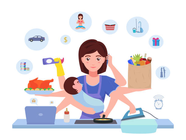 Cartoon character multitasking busy mom Busy mom. Cartoon character multitasking super mother with baby doing household chores. Vector illustration woman busy mom housewife is doing housework. Housewife juggles household stuff. juggling stock illustrations