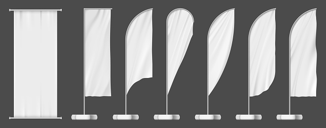 Set of flag banners, outdoor advertising templates. Blank white mockup, vector outdoor pole signs set. Advertising feather or teardrop flag banners and fabric billboards, commercial promotion displays
