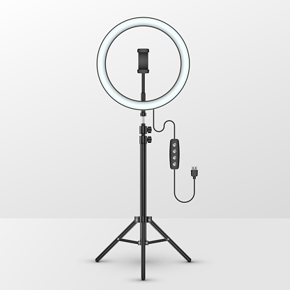Studio lamp white light ring, selfie camera stick with photo led flash and phone holder on tripod stand, vector realistic mockup. Photo studio ring light lamp, mobile photography equipment with USB