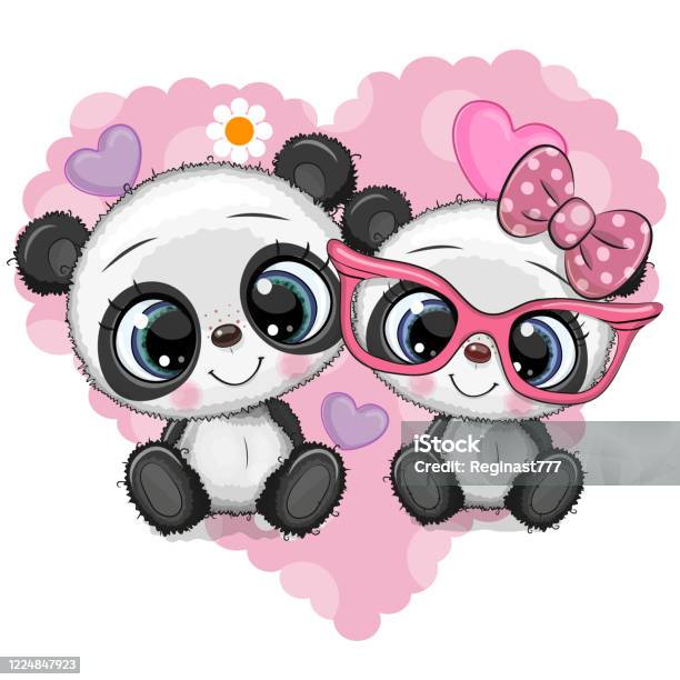 Cartoon Pandas On A Heart Background Stock Illustration - Download Image  Now - Animal, Animal Themes, Art - iStock