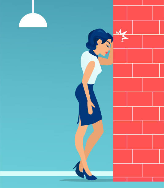 ilustrações de stock, clip art, desenhos animados e ícones de vector of a stressed business woman banging her head in frustration against a wall - behavior women frustration banging your head against a wall