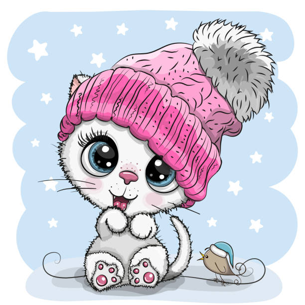 illustrations, cliparts, dessins animés et icônes de chaton blanc de dessin animé dans une casquette en tricot et un oiseau - animal backgrounds audio
