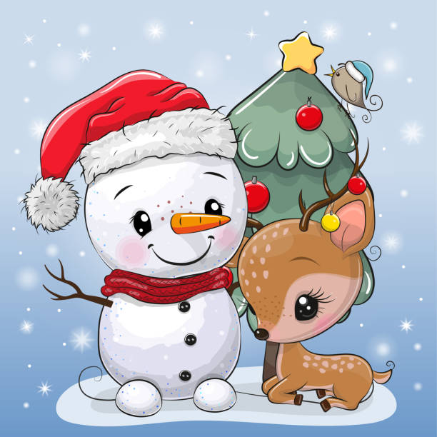 cartoon hirsch und schneemann in der nähe des weihnachtsbaumes - 5898 stock-grafiken, -clipart, -cartoons und -symbole