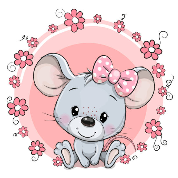 urocza cartoon mouse z różowymi kwiatami - 5895 stock illustrations