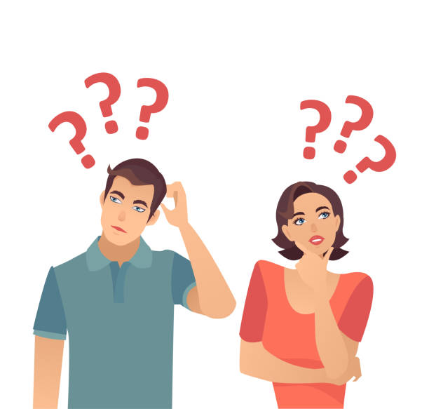 Vector of a confused young couple woman and man thinking having  many questions Vector of a confused young couple woman and man thinking having  many questions confused guy stock illustrations