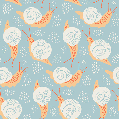 Pattern with snails on the blue background in the style