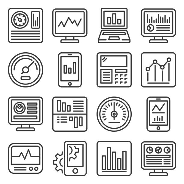그래프와 차트 아이콘 세트와 대시 보드. 선 스타일 벡터 - symbol computer icon business control panel stock illustrations