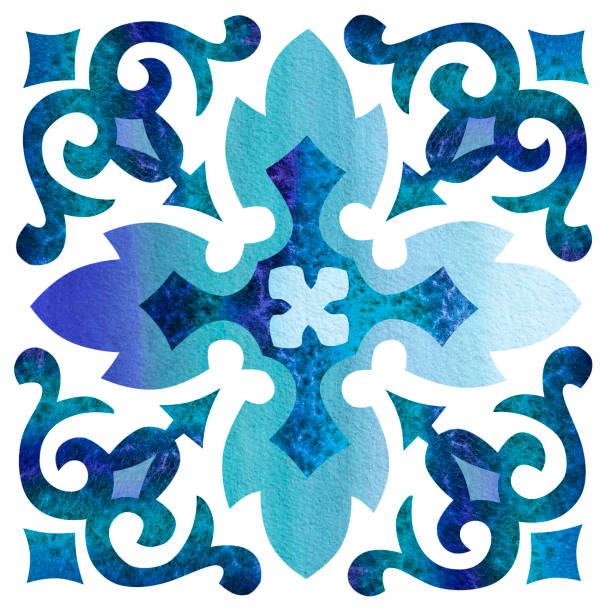 illustrazioni stock, clip art, cartoni animati e icone di tendenza di ornamento arabo blu acquerello per il design - illustration and painting kaleidoscope seamless pattern