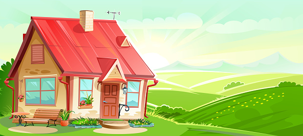House Cartoon Landscape Vector Rural Village Scenery Green Hills Sunrise  Countryside Home Cottage Style Flat Summer Spring Funny Cozy Skyline Clouds  And Rays Of The Sun Background Stock Illustration - Download Image