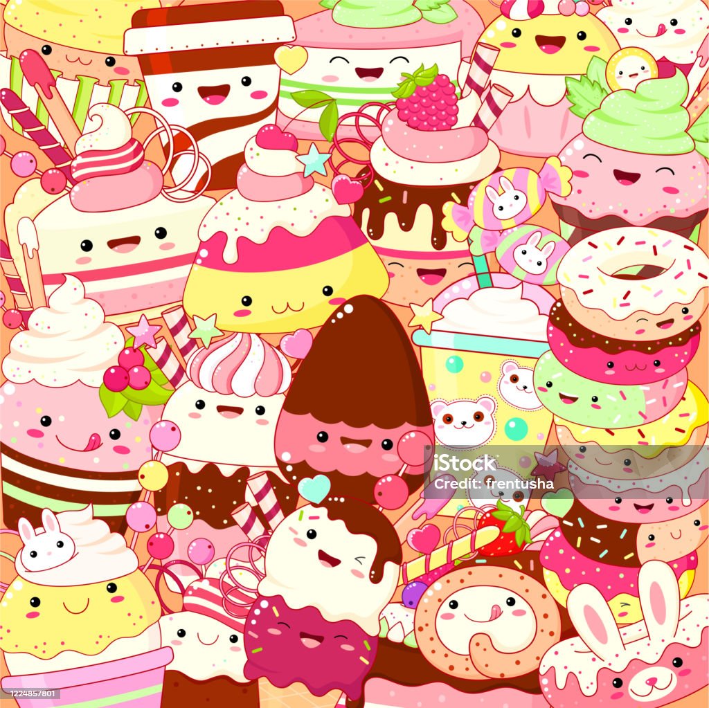 Square Background With Cute Sweet Desserts In Kawaii Style Stock  Illustration - Download Image Now - iStock