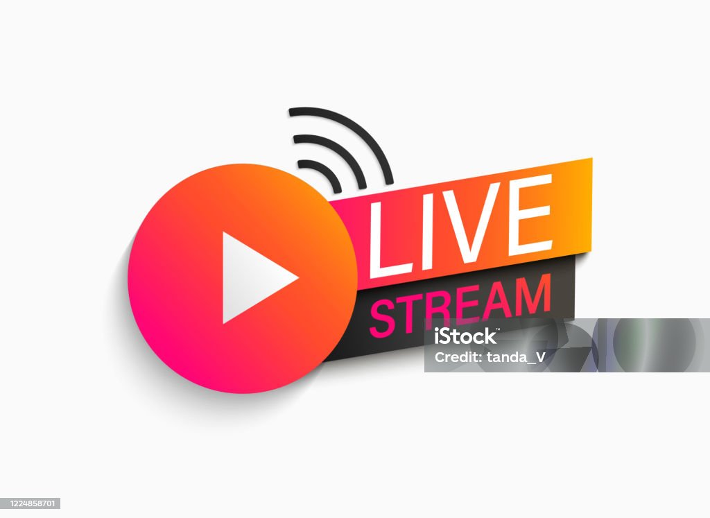 Live stream symbol, icon. Live stream symbol, icon with play button. Emblem for broadcasting, online tv, sport, news and radio streaming. Template for shows, movies and live performances. Vector illustration. Live Streaming stock vector