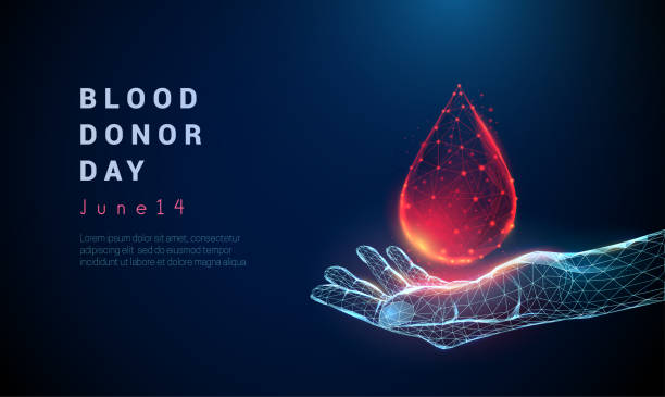 Abstract giving hand. Low poly style design. Abstract giving hand with drop of blood. Low poly style design. Blue blood donor day concept. Modern 3d graphic geometric background. Wireframe light connection structure. Isolated vector illustration human blood stock illustrations