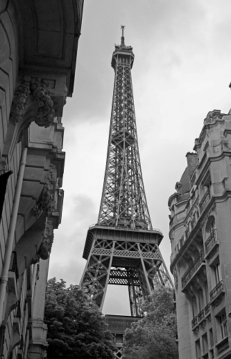 Eiffel tower view of a Paris street in black and white
