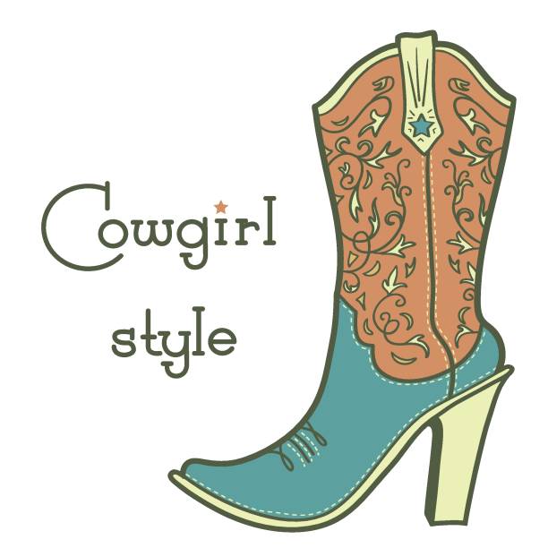 Cowgirl boot with floral pattern and text. Vintage ladies cowboy vector color boot illustration isolated on white Cowgirl boot with romantic floral pattern and text. Vintage ladies cowboy vector high heels boot Western illustration isolated on white cowgirl stock illustrations