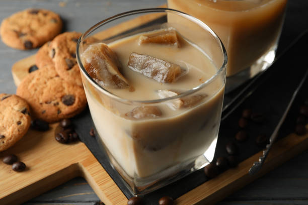 istock Composition with ice coffee and cookies on wooden background 1224864125