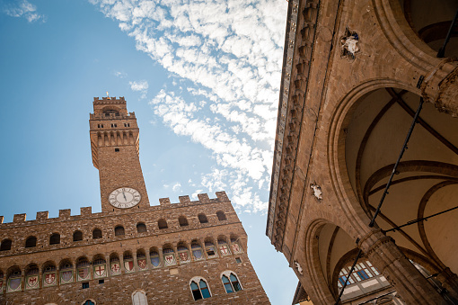 The high Tower of  MANGIA symbol of the city of Siena in Central Italy without people