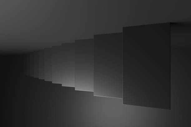 istock Black ascending stairs in black room, top view, 3D abstract illustration 1224867537