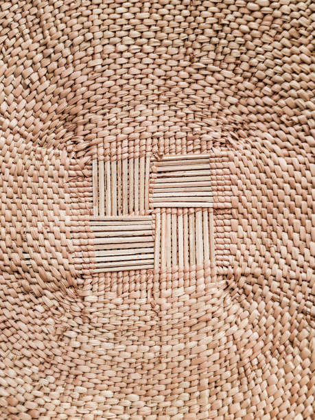 Rough basket weave pattern. Bottom of grass basket. Basket weave pattern. Bottom of woven raffia basket - ethnic decor background. Arts and crafts. raffia stock pictures, royalty-free photos & images