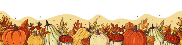 ilustraciones, imágenes clip art, dibujos animados e iconos de stock de fondo horizontal sin costuras con calabazas naranjas y hojas de otoño - squash pumpkin orange japanese fall foliage