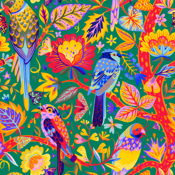 ilustrações de stock, clip art, desenhos animados e ícones de bright summer exotic seamless pattern. ethereal tropical plants, flowers and birds, colorful animal botanical background. paradise garden. - pattern bird seamless backgrounds