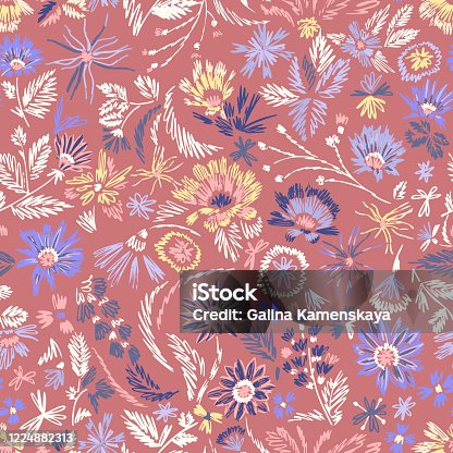 istock Cartoon botanical seamless pattern. Fun abstractive plants ornament. Graphic pencil line sketch drawing. Flowers, herbs and leaves. Summer fashion design 1224882313