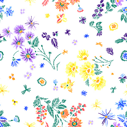 Cartoon botanical seamless pattern. Fun abstractive plants ornament. Graphic pencil line sketch drawing. Flowers, herbs and leaves. Summer fashion design for textile, fabric, clothes and wrapping.