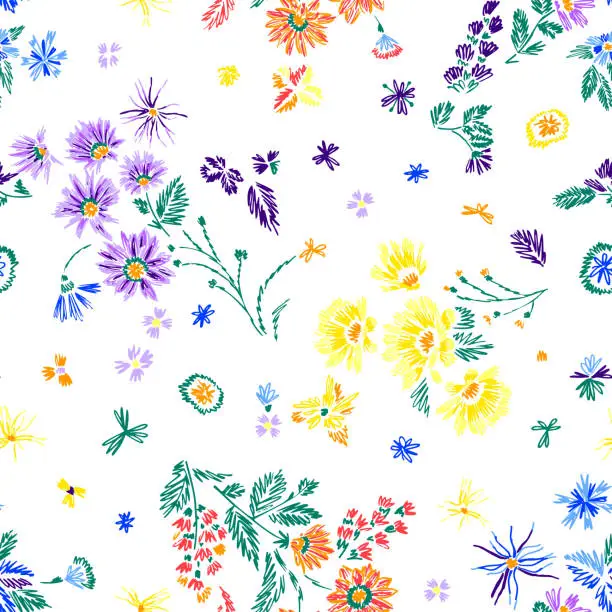 Vector illustration of Cartoon botanical seamless pattern. Fun abstractive plants ornament. Graphic pencil line sketch drawing. Flowers, herbs and leaves. Summer fashion design