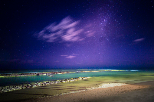 Milky Way galaxy above night sky and beach - stars landscape, Bahia, Brazil