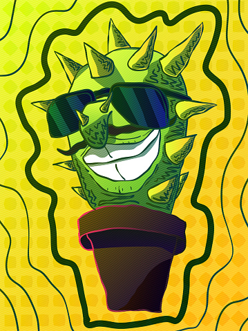 Hand-drawn colorful cartoon illustration of a smiling cactus in sunglasses.