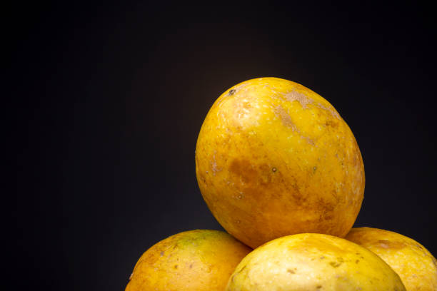 closeup of texture and detail of ripe vibrant yellow passion fruit fruits - carbohydrate freshness food and drink studio shot imagens e fotografias de stock